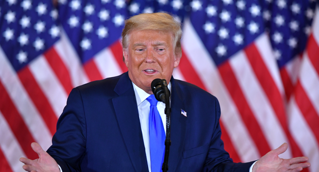 US President Donald Trump speaks during election night in the East Room of the White House in Washington, DC, early on November 4, 2020. MANDEL NGAN / AFP