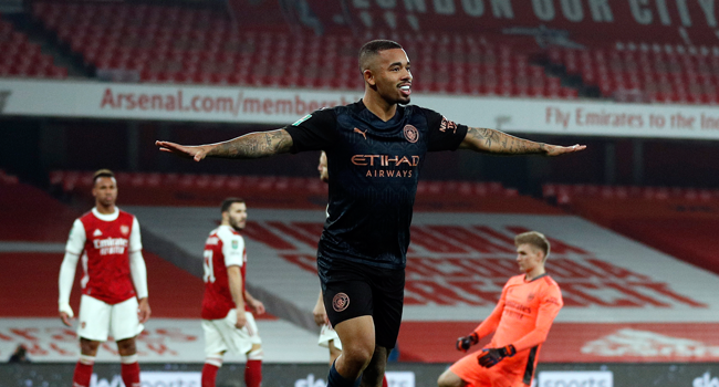 Manchester City's Brazilian striker Gabriel Jesus celebrates scoring during the English League Cup quarter final football match between Arsenal and Manchester City at the Emirates Stadium, in London on December 22, 2020. Adrian DENNIS / AFP